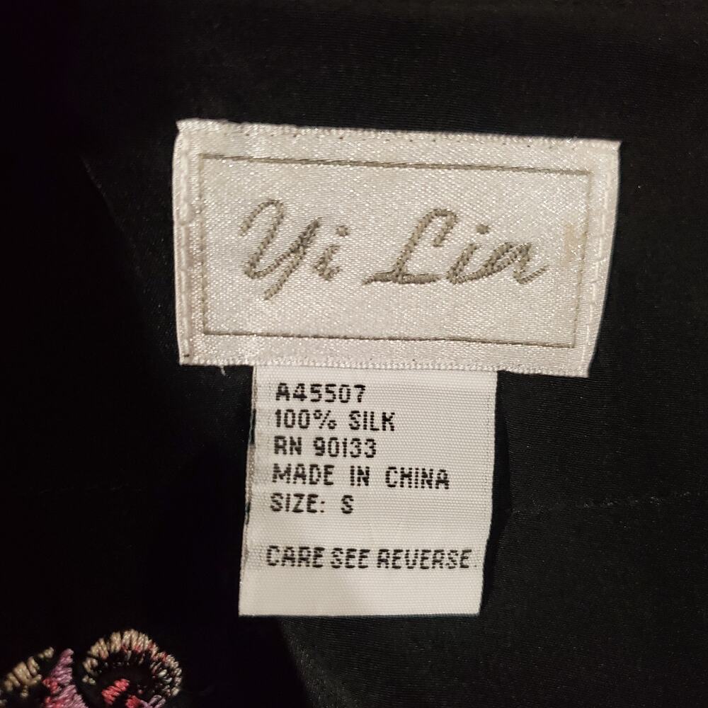 Vtg 90s Yi Lin Silk Embroidered Floral Asian 3/4 Sleeve Kimono Womens S Black - Picture 8 of 11